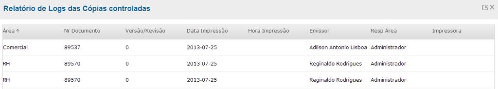 Após clicar em Consultar, o Fluig gera um relatório exibindo os registros de Logs de Cópias Controladas Emitidas, respeitando as seleções informadas e configurações definidas anteriormente.