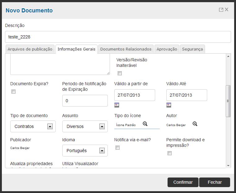 Na publicação de um documento, é possível selecionar qual tipo de documento será