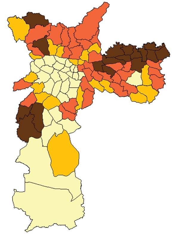 Leste até o norte da CRS Sudeste; outros agregados de distritos administrativos com grande número de casos ocorrem a oeste da CRS Sul e na CRS Norte.