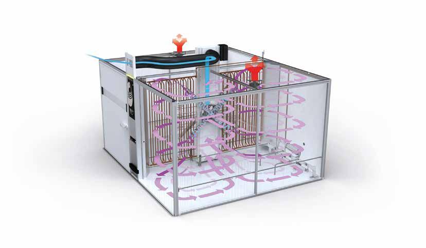 > < > Ventilador de entrada de ar com velocidade controlada fornece ar fresco para a incubadora. Obturadores removem o excesso de ar da incubadora.
