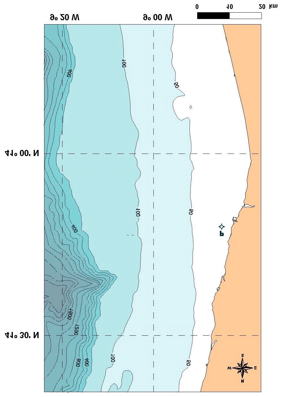 5. EXEMPLO DE APLICAÇÃO O local escolhido para a aplicação dos dois modelos de propagação de ondas irregulares foi a zona marítima adjacente a Leixões.