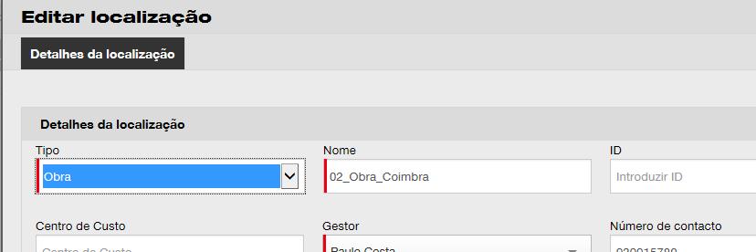 4. Edite os detalhes das localizações principais que entender necessários; os campos obrigatórios estão assinalados a vermelho, mas recomenda-se