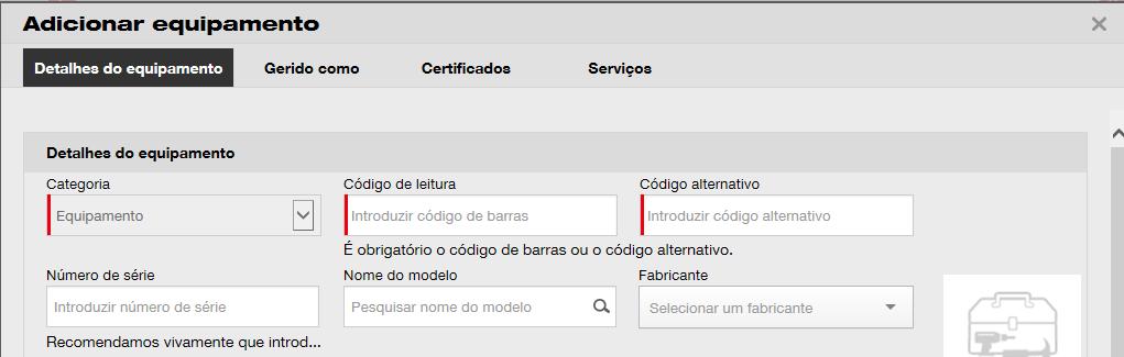 4. Selecione o número de série correto na lista pendente apresentada automaticamente enquanto escreve; ao selecionar o número de série, os dados do equipamento selecionado são pré-preenchidos