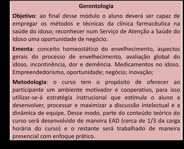 Carga horária: 124 h 80 hs (Técnicas e métodos clínicos) + 44 hs (Gerontologia).