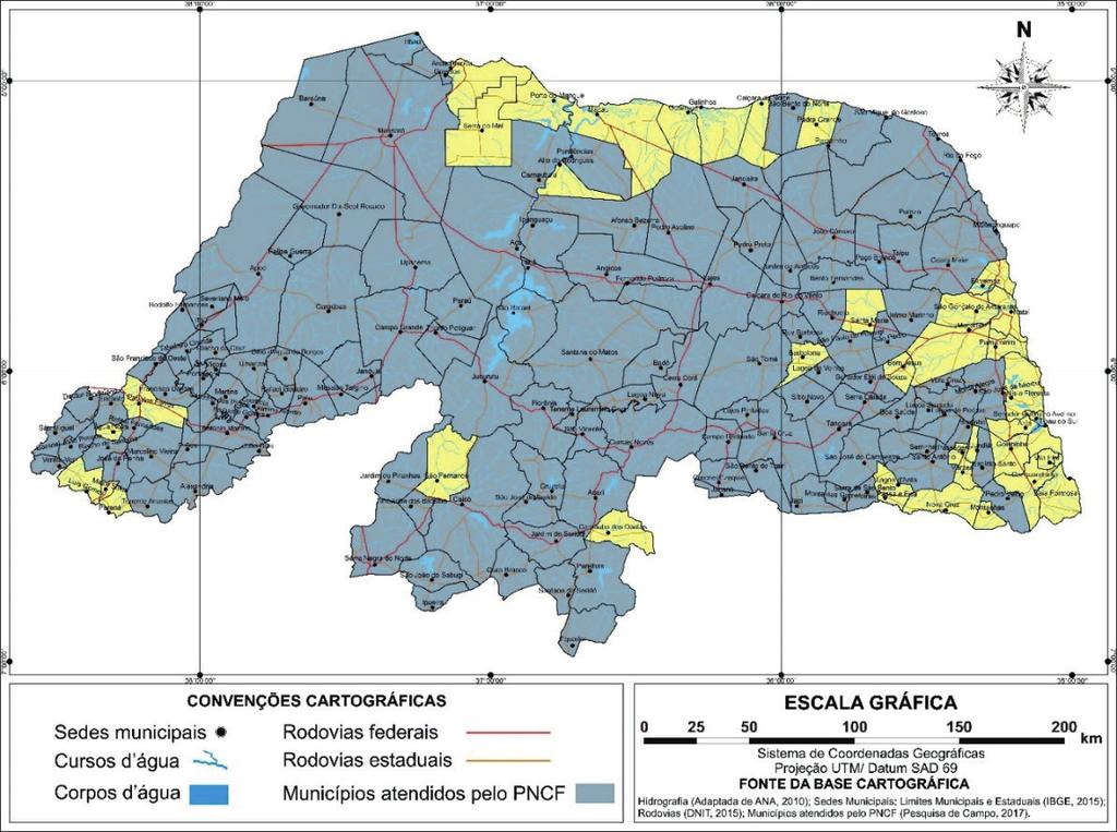Rodrigues, P.V.F de A. e Ramos N.L. seu território. Dos 167 municípios potiguares, há assentamentos em 128, ou seja, o programa está presente em 77% dos municípios potiguares, como demonstra o Mapa 2.