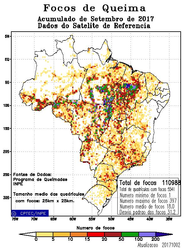 Mapa 2.1 Total de detecções registradas em Setembro/2017 segundo o satélite referência. Mapa 2.