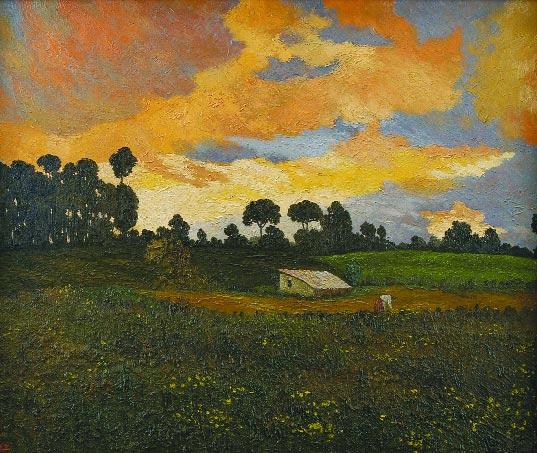 000 102 DOMINGUEZ ALVAREZ - 1908-1942 "Paisagem com camponesa perto de barracão", óleo sobre tela, assinado Nota -