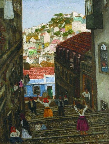 113 FRANCIS SMITH - 1881-1961 "Lisboa - Vista das Escadinhas do Duque", óleo sobre tela, assinado Nota - integrou a exposição sobre