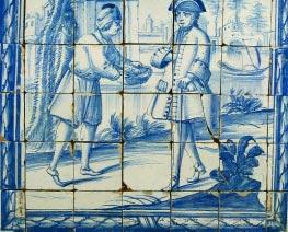 250 85 "PAISAGEM COM ÁRVORE E CASTELO", painel de vinte e oito azulejos, decoração a azul, portugueses,