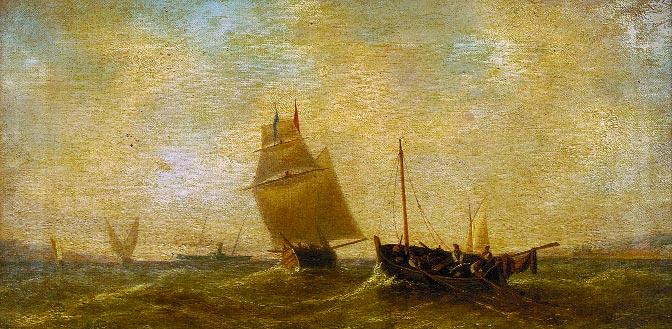 000 96 LUÍS TOMASINI - 1823-1902 "Marinha - barcos junto à costa", óleo