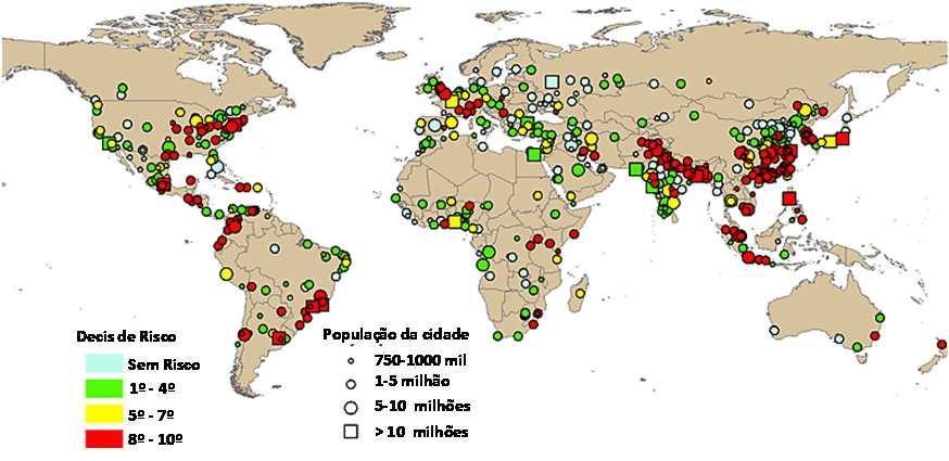 Figura 2: Situação das inundações urbanas no mundo. Fonte: United Nations, Department of Economic and Social Affairs, Population Division: World Urbanization Prospects, the 2011 Revision.