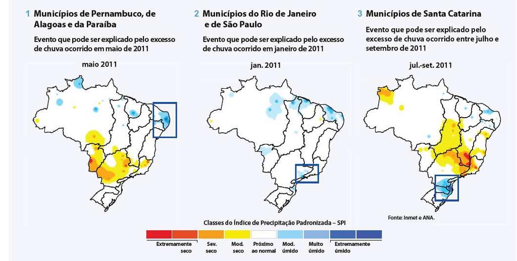 Situação no Brasil O relatório Conjuntura da Agência Nacional de Águas de 2012 mostra a localização dos episódios de cheias no país em 2011 para os casos mais extremos, em que os municípios tiveram