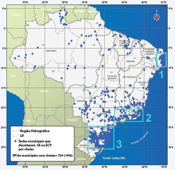 A figura 3 mostra esta situação, em que o destaque está nas regiões sul e sudeste, onde ocorreram os episódios mais significativos de inundações no ano passado, como, por exemplo, o caso da região