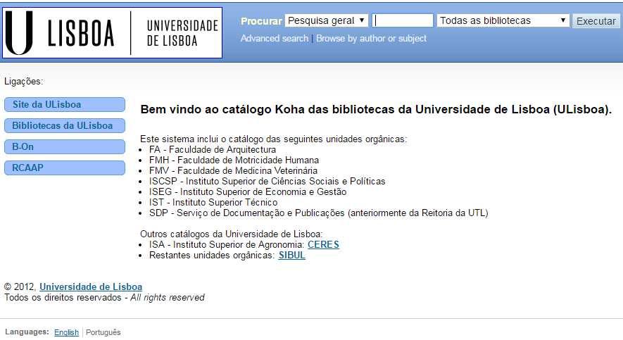 Na página inicial do catálogo Koha encontra ligações que lhe permitem aceder a outros recursos, incluindo