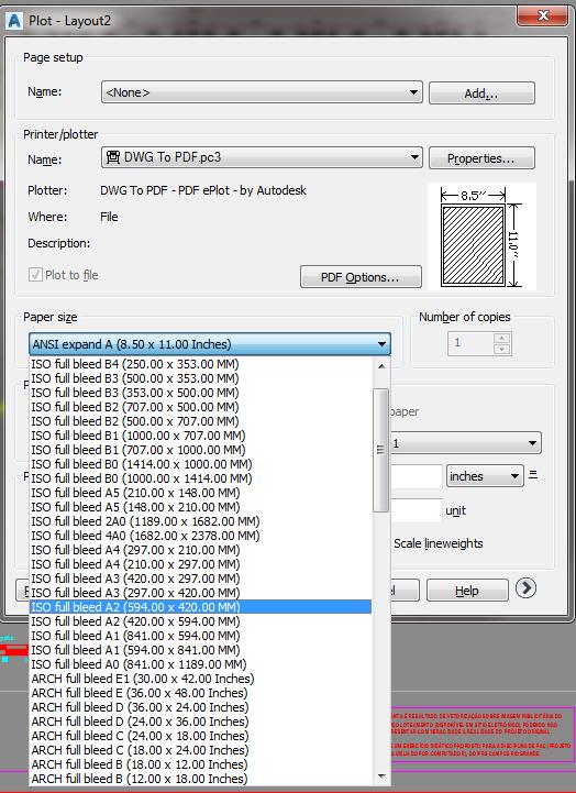 11 Passo 2: escolher o formato da prancha/folha (paper size). No exemplo, selecionamos a impressora de PDF do próprio AutoCAD: DWG to PDF.