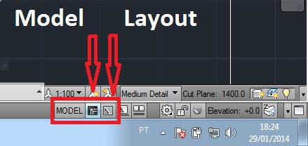 Interface MODEL abas MODEL e LAYOUT: Em algumas versões do CAD, o