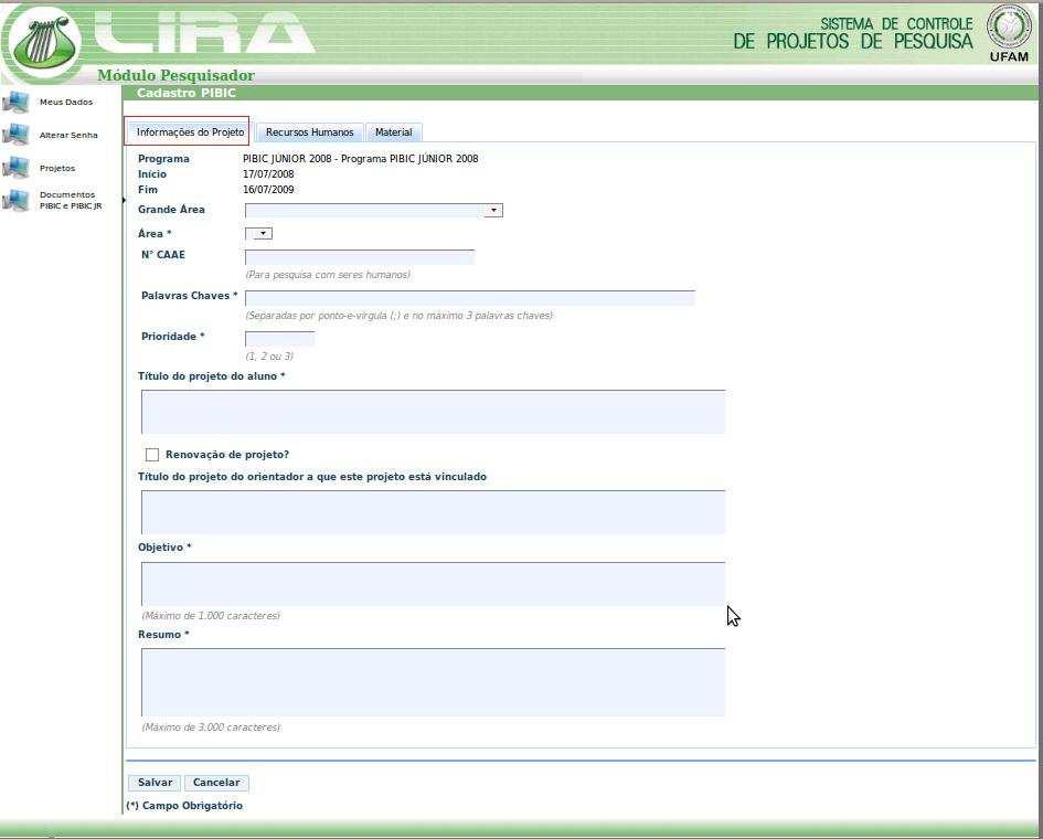 Figura 6: Cadastro de Projeto de PIBIC: Informações do