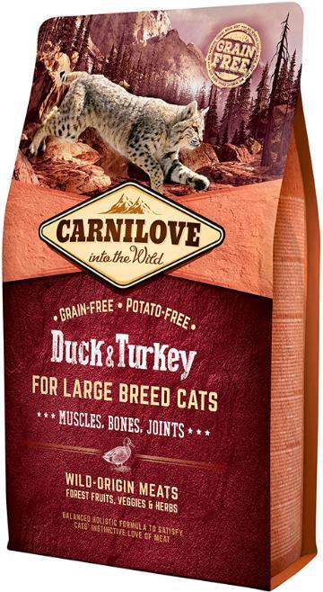 CARNILOVE CAT ADULT LARGE BREED DUCK & TURKEY (GRAIN FREE) Carnilove Cat Adult Large Breed Duck & Turkey é um alimento formulado sem cereais e sem batata para gatos de raças grandes.