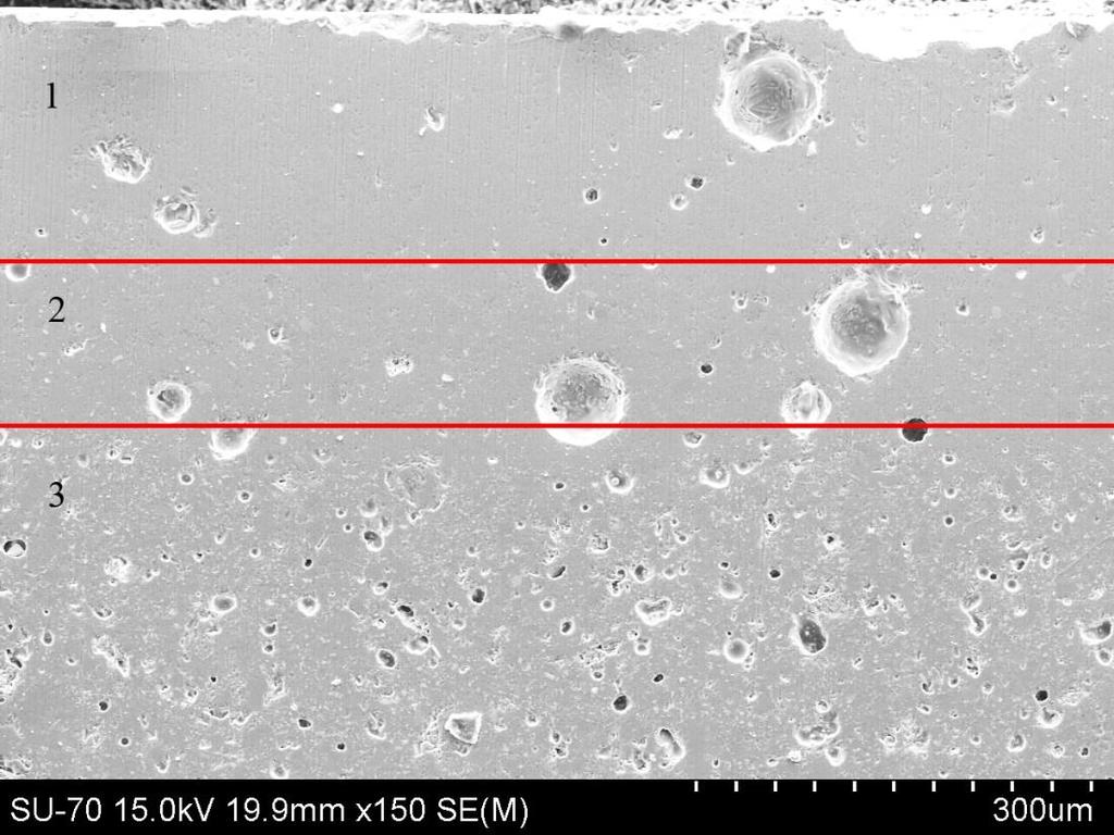 Figura 34 - Micrografia da secção de uma peça com aplicação de granilhas por via húmida não polida: 1- Camada de granilha; 2 - Vidrado; 3 Substrato cerâmico.