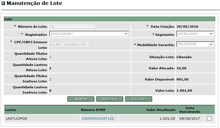 Exemplo Tela de Manutenção de Lote Selecionado o lote o Participante de Registro poderá: Consultar os detalhes dos lastros clicando no número BVMF correspondente; Excluir um lastro, selecionando