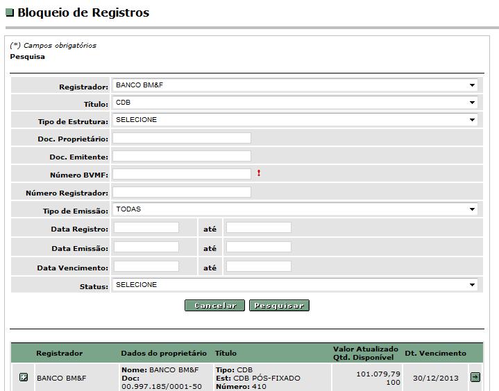 Exemplo Tela Bloqueio de Registros O Participante de Registro proprietário pode consultar as