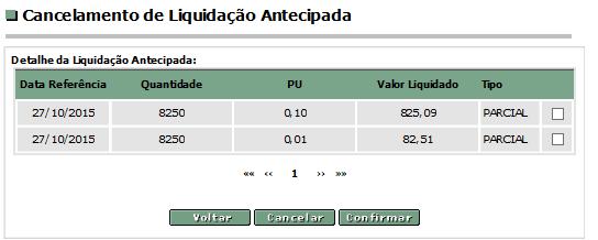 Para efetuar o cancelamento de ativos e operações, deve-se selecionar a caixa da liquidação que deseja cancelar e clicar em.