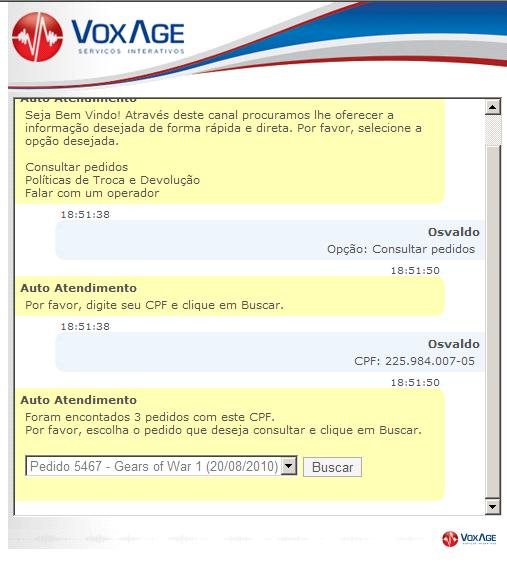 Tela VOS Chat Automatizado Resposta da solução com os pedidos associados ao CPF do cliente.