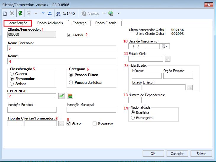 e) Na aba Identificação devemos informar os seguintes campos: 1) Campo Cliente/Fornecedor / este campo não deve ser preenchido, pois o sistema ira trazer este campo de forma automática e sequencial.