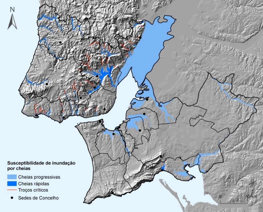 RISCOS E PROTEÇÃO CIVIL REOT LVT 2017 Figura 46 - Suscetibilidade de inundação por cheia na AML Fonte: CCDR LVT (2010) Estudos no âmbito da proposta de alteração do PROT AML - Diagnóstico Setorial de