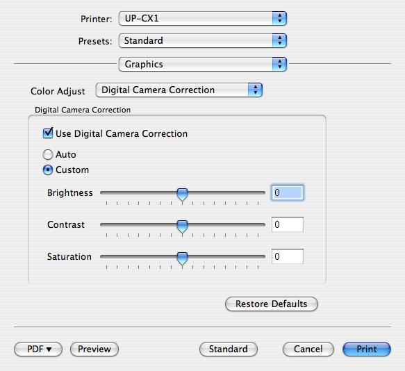 As definições de impressão incluem o número de cópias a imprimir, a utilização da correcção de câmara digital, definições de equilíbrio de cor, luminosidade, etc.