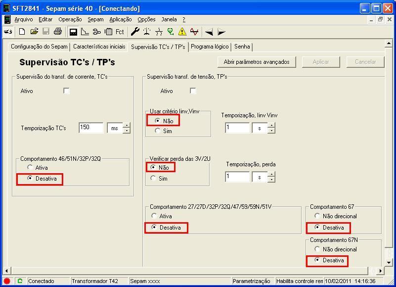3.2 Supervisão Tc s e Tp s Nesse campo desabilite todas as funções, para que não interfiram no