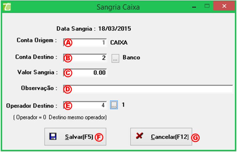 A. Conta Origem: Apresenta a conta de origem, referente ao caixa de sua empresa; B. Conta Destino: A conta que será transferida o valor presente no caixa; C.