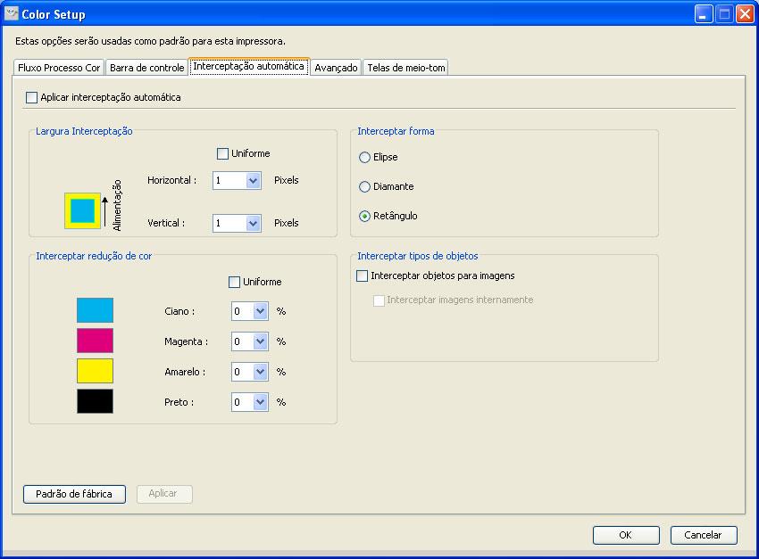 RECURSOS DO COLOR SETUP 39 4 Selecione Interceptação automática 5 Clique em OK. 6 Clique em Imprimir. A tarefa será impressa com os valores padrão para Interceptação automática.