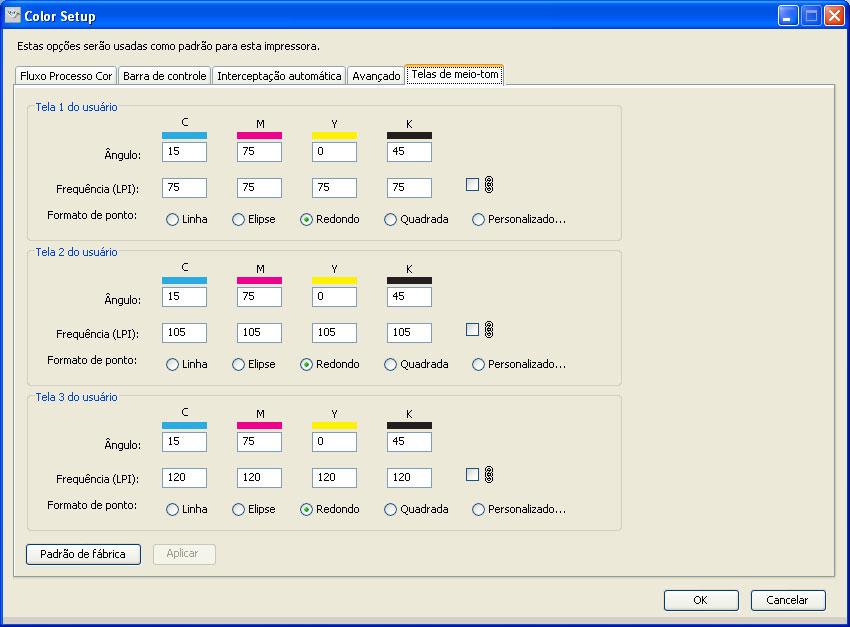 RECURSOS DO COLOR SETUP 49 Painel Telas de meio-tom É possível definir três telas de meio-tom personalizadas no painel Telas de meio-tom.