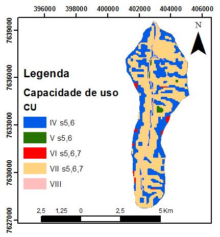 190 Figura 1: Classes de capacidade de uso e fatores limitantes específicos: s5: Baixa saturação por bases; s6: Elevadas concentrações de alumínio s7 baixa capacidade de troca catiônica.