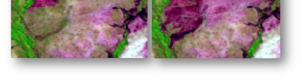 Composição NDVI, NBR, e NBR em 20060723 20060808 Cena 20060723 Cena 20060808 Figura 5: Imagens Landsat-TM e composição de índices O exemplo acima demonstra a verificação de uma cicatriz identificada