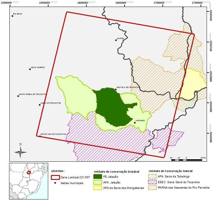 Figura 1: Área de estudo O retângulo envolvente da cena órbita/ponto Landsat-TM 221/067 cobre as Unidades de Conservação Federais APA Serra da Tabatinga, ESEC Serra Geral do Tocantins e