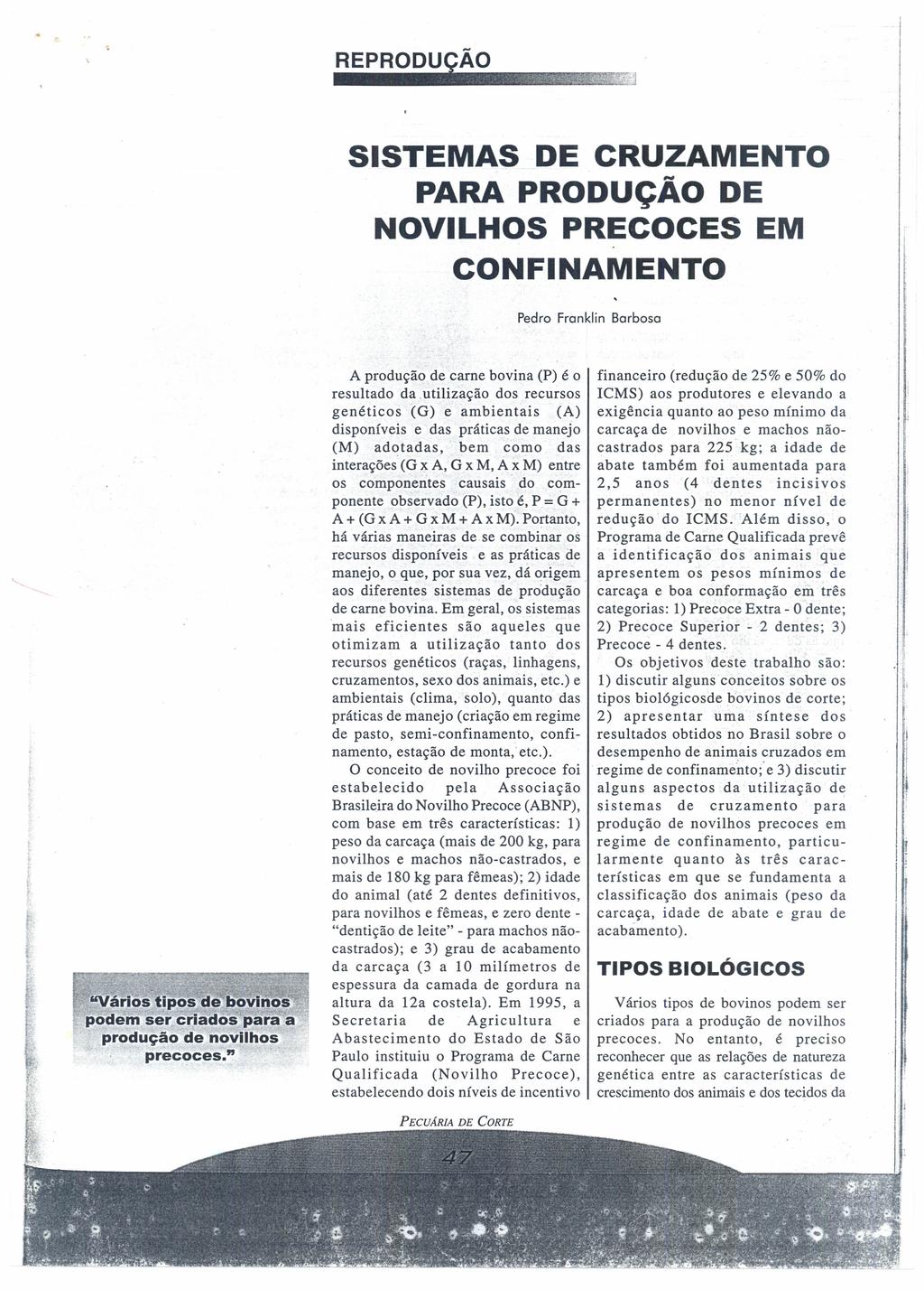 REPRODU ÃO SISTEMAS DE CRUZAMENTO PARA PRODUÇÃO DE NOVILHOS PRECOCES EM CONFINAMENTO Pedro Franklin Barbosa "Váriõs tipos tiovinos pom ser criados para a produção novilhos precoces.