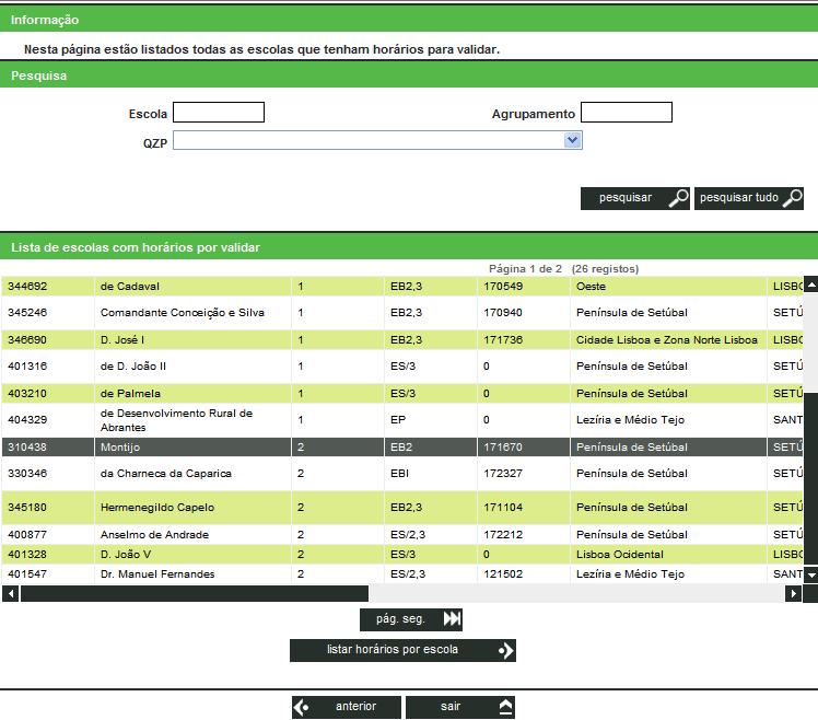 No caso do número de escolas com horários por validar ser superior a 20, deve carregar no botão página seguinte para visualizar a totalidade das escolas.