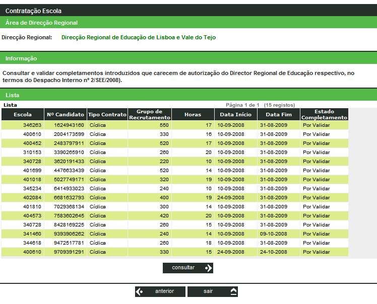 Regional de Educação, sendo indicada a escola de colocação, nº de candidato, tipo de contrato Grupo de Recrutamento,