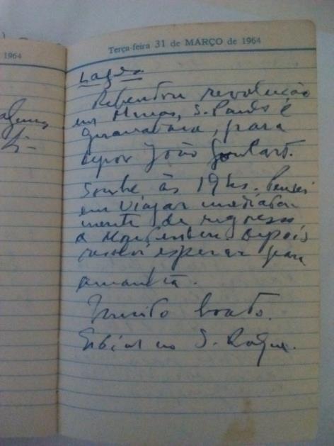 134 Figura 16: Página da agenda de Licurgo Costa, em 31 de março de 1964 Fonte: Acervo Pessoal de Licurgo Costa Estabelecida a ditadura militar no Brasil, Licurgo continuou em Montevidéu até