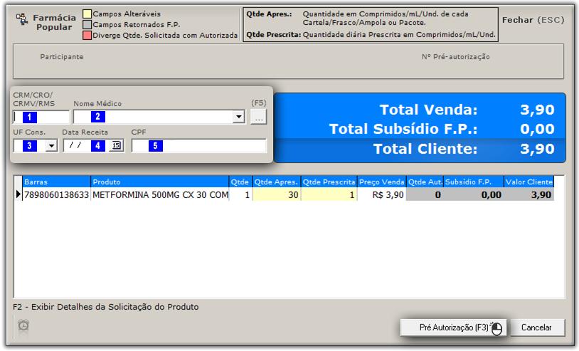 Figura 12 - Pré-autorização Farmácia Popular - Coloque o CRM/CRO/CRMV/RMS do médico e o nome será exibido automaticamente no proximo campo.