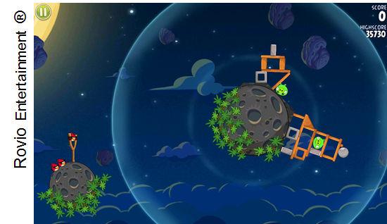 Figura 5 Snapshot do campo do jogo Angry Birds Space. A fase 3 faz uso instrucional do mundo virtual na forma de simulações e games.