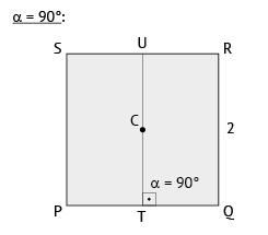 Questão 7 Os pontos T e U deslocam-se sobre retas paralelas r e r de tal forma que TU passe sempre pelo centro C de um quadrado PQRS, de lado, e forme um ângulo de medida α com r, conforme indica,