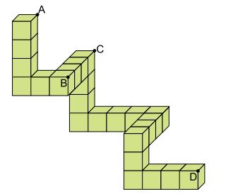 Questão Um sólido é formado por 4 cubos idênticos, conforme a figura. O contato entre dois cubos contíguos sempre se dá por meio da sobreposição perfeita entre as faces desses cubos.