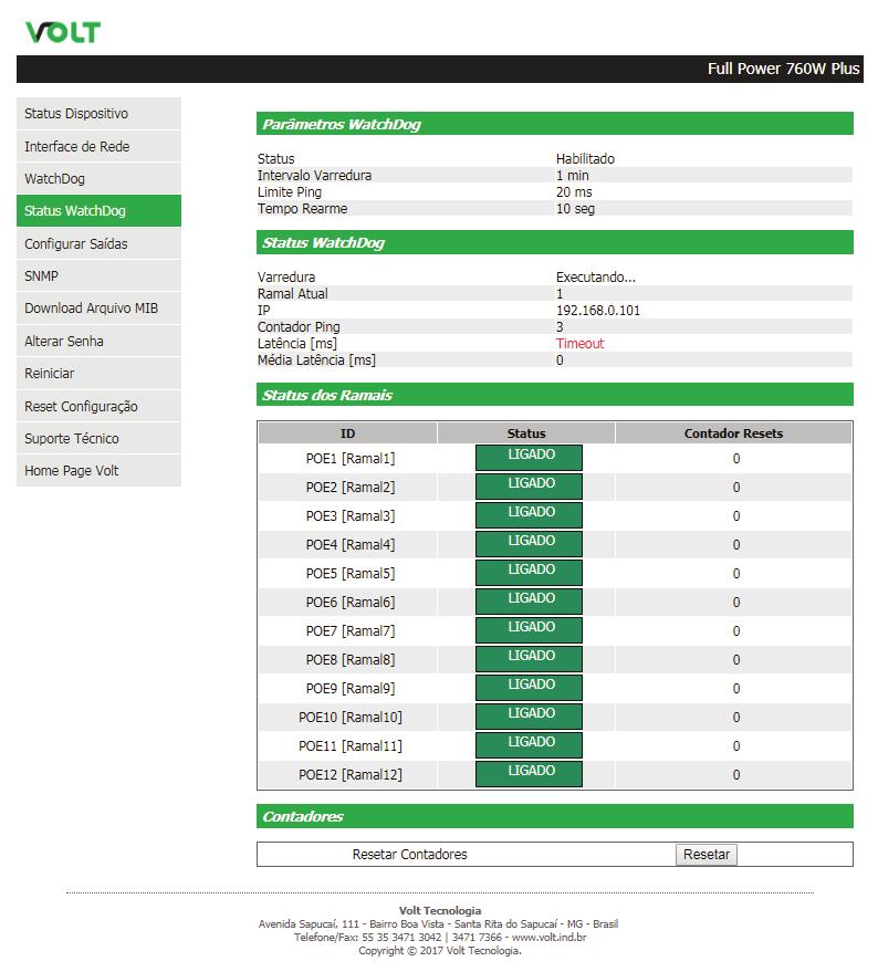 "Status WatchDog" Parâmetros WatchDog: Apresenta a configuração dos parâmetros do WatchDog.