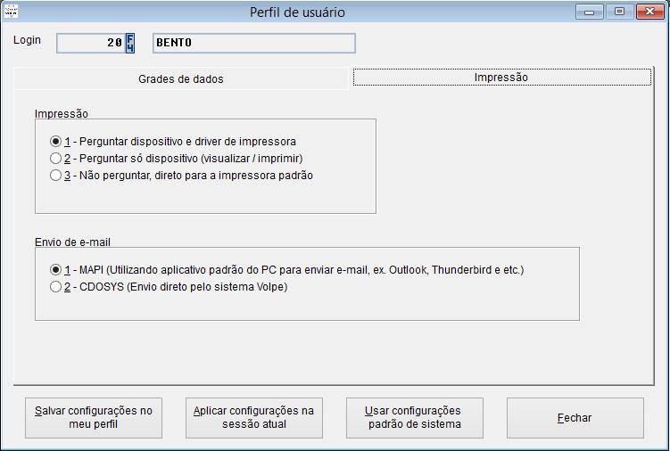 Na guia Impressão é possível definir se o dispositivo ou driver de impressão devem ser exibidos. Opções de Impressão: 1-Perguntar dispositivo e driver de impressora.