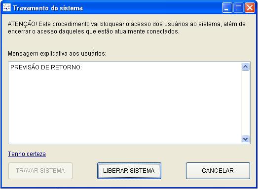 9. Travar sistema Acesse a guia Ferramentas > coluna > Opções Avançadas > tela Travar sistema; Caso o sistema necessite de alguma atualização será feito o travamento do sistema, ou seja, bloquear o