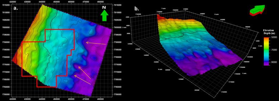 40 Figura 5.5 (a) Mapa de contorno estrutural do Aptiano Superior (base dos evaporitos); (b) Mapa de contorno estrutural 3D do Aptiano Superior.