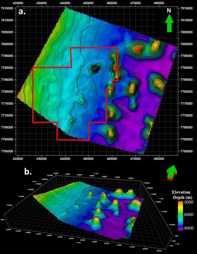 41 Figura 5.6 (a) Mapa de contorno estrutural do topo da sequência evaporítica (Topo do Aptiano); (b) mapa 3D de contorno estrutural do topo da sequência evaporítica. 5.2.4. Santoniano-Campaniano (83 Ma) O mapa de contorno estrutural que representa o horizonte cronoestratigráficos do Santoniano-Campaniano (Figura 5.